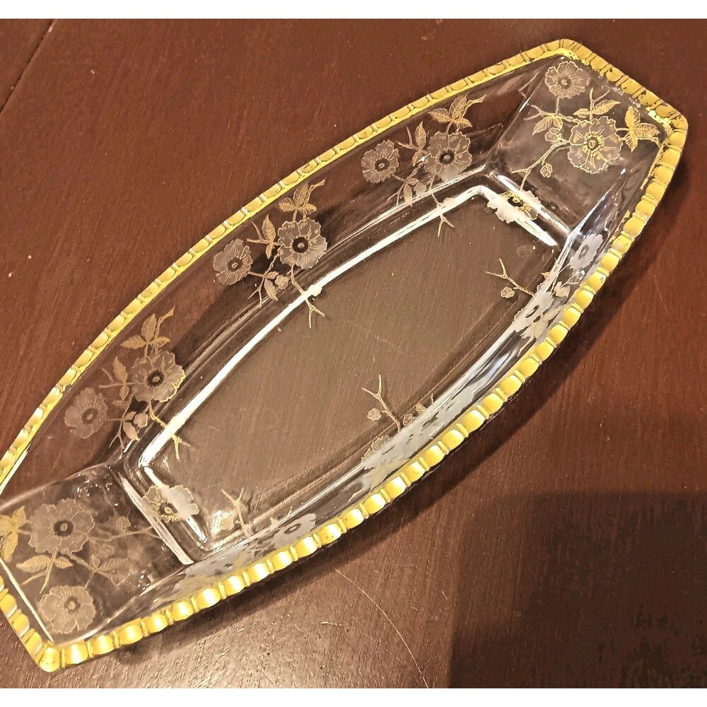 Vtg Tiffin Franciscan Rambler Rose Etched Glass Celery Dish Gold Encrusted 11in